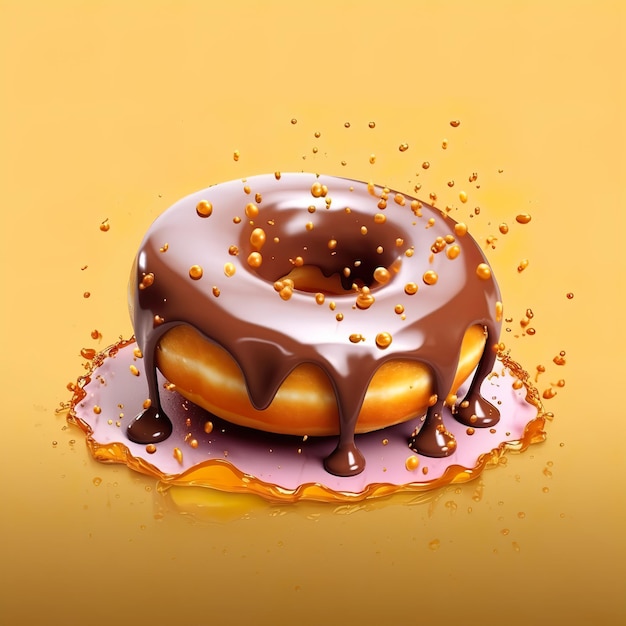 Um donut com glasura de chocolate e salpicaduras