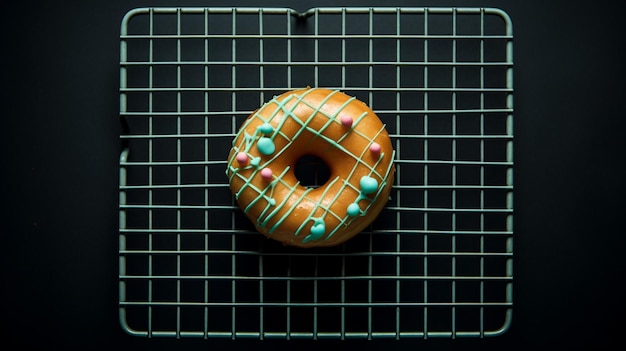 Foto um donut com granulado azul e rosa está sobre uma gradinha.