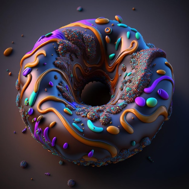 Um donut com tinta colorida e um fundo preto.