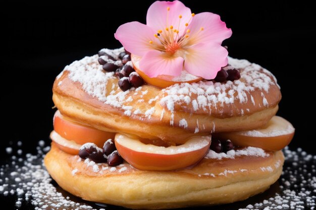 Um donut com uma flor por cima e açúcar de confeiteiro ai