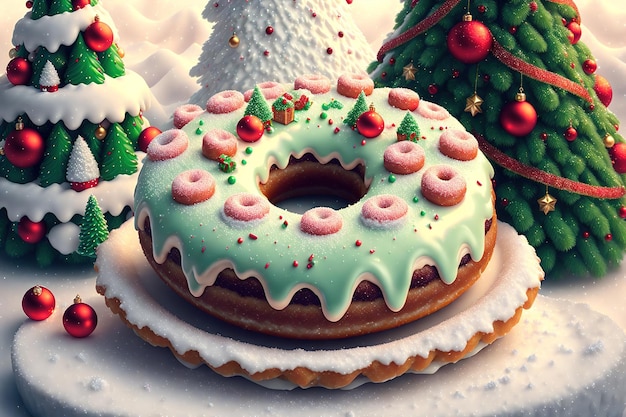 Um donut de açúcar açucarado e árvore de natal