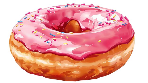 Um donut de aparência deliciosa com glasura rosa e salpicaduras coloridas