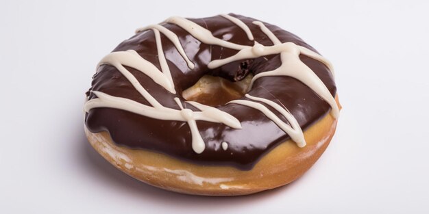 Um donut de chocolate com cobertura branca e cobertura de chocolate