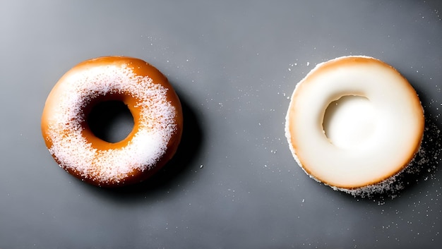 Um donut e meio dele estão em uma superfície cinza.
