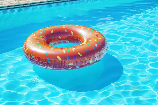 Um donut flutuando em uma piscina com uma piscina ao fundo.