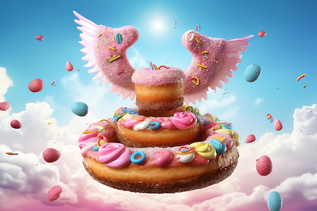 Foto um donut levitando com asas salpicadas de cores