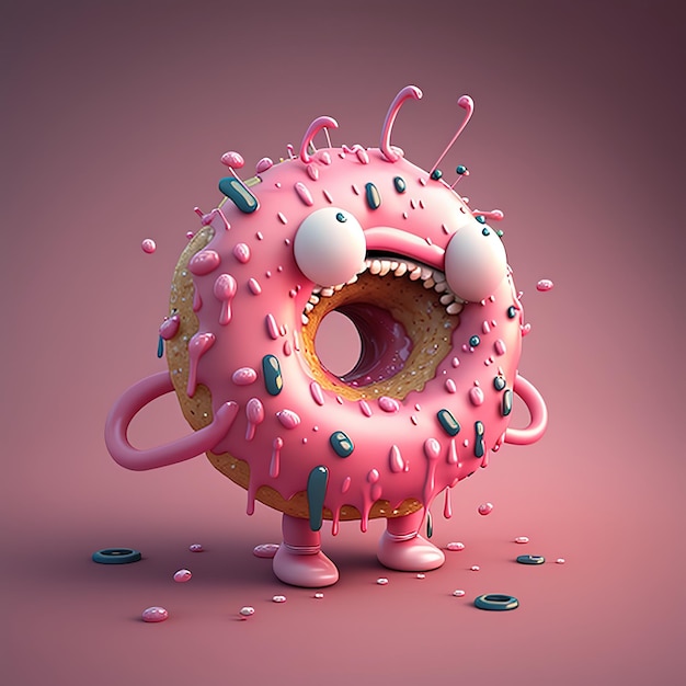 Um donut rosa com boca e olhos é cercado por confeitos.