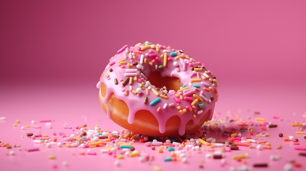 Um donut rosa com confeitos