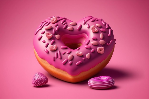 Um donut rosa com glacê rosa e granulado rosa