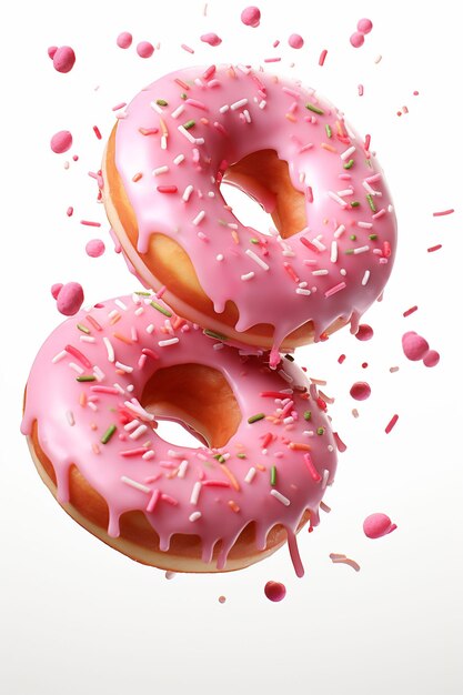 Um donut rosa com glasura rosa e salpicaduras.