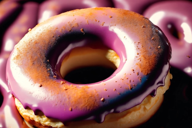 Um donut roxo e marrom com glacê roxo e cobertura de chocolate.