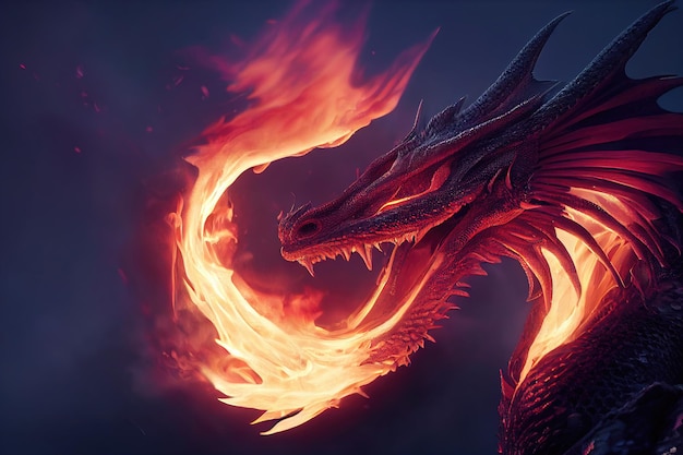 Um dragão antigo com olhos ardentes. Retrato de um dragão misterioso.