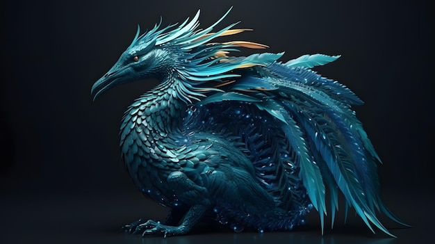 Um dragão azul com cauda azul e penas douradas.