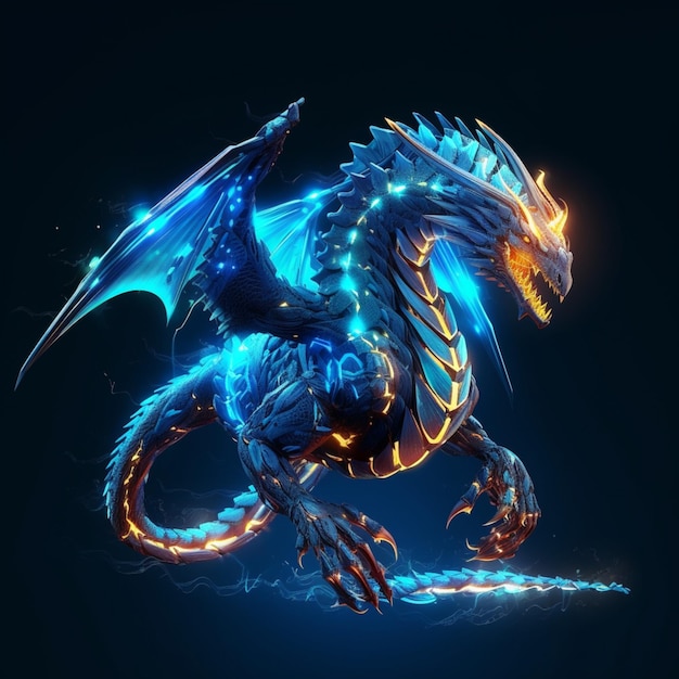 Um dragão azul com olhos brilhantes e uma luz amarela em suas asas.