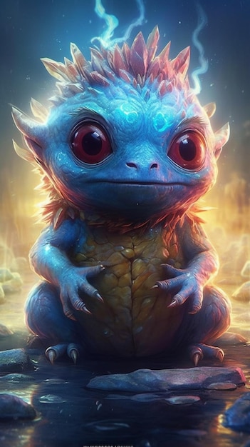 Um dragão azul com olhos vermelhos senta-se em uma rocha.