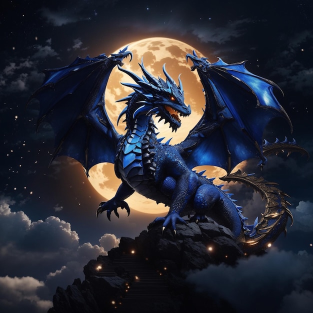 Um dragão azul do céu voando com lua crescente