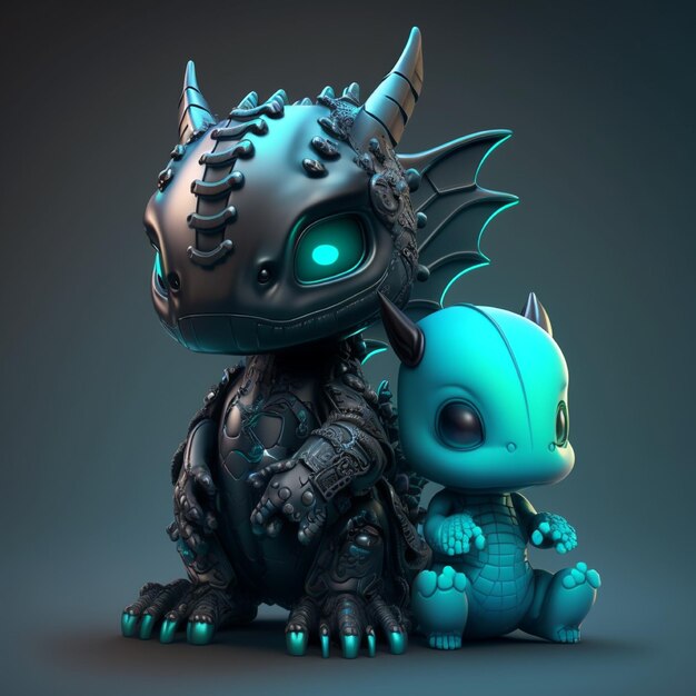Um dragão azul e um pequeno dragão estão sentados um ao lado do outro.
