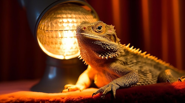 Um dragão barbudo ocupado se aquecendo sob uma lâmpada de calor gerada por IA
