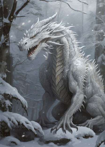 Um dragão branco andando na neve no estilo de ilustrações sobrenaturais escala gigantesca estranhamente realista personagens inspirados em anime weathercore retratos enigmáticos montes pontiagudos gerados ai