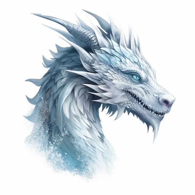 Um dragão branco com olhos azuis e olhos azuis está olhando para a direita.