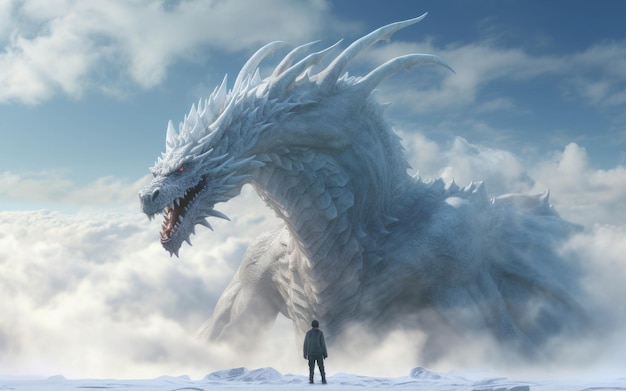 Um dragão branco gigante em um planeta nevado com um homem parado na frente dele