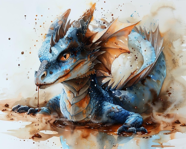 Um dragão brincando em um banho de chocolate cremoso com gotas de chocolate pintadas com aquarela suavemente