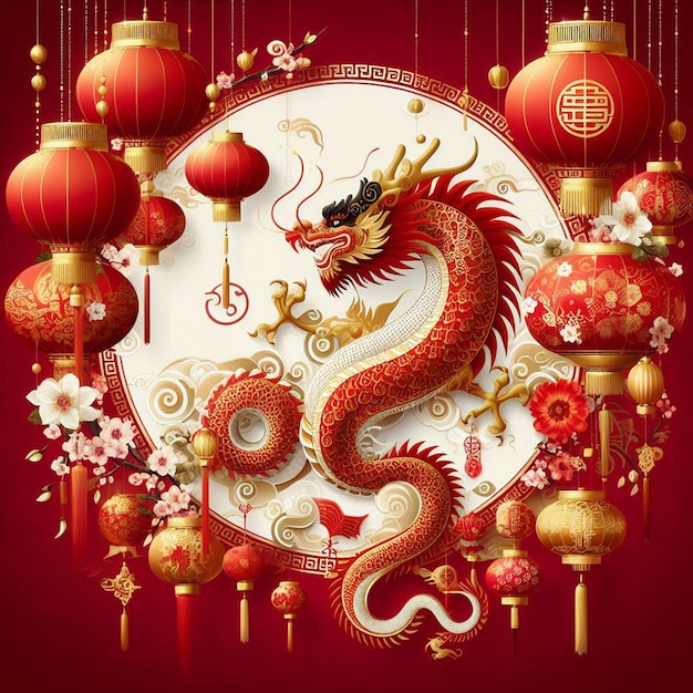 um dragão chinês com lanternas chinesas e um fundo vermelho