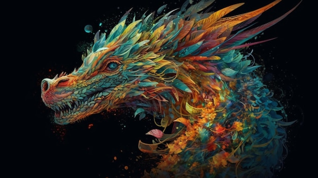 Um dragão colorido com fundo preto e fundo preto.