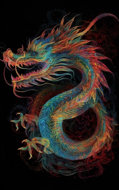 Um dragão colorido com um fundo preto e a palavra dragão nele.