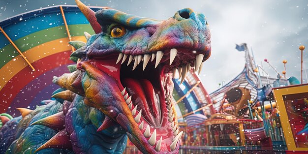 Foto um dragão com a boca aberta e os dentes a aparecerem