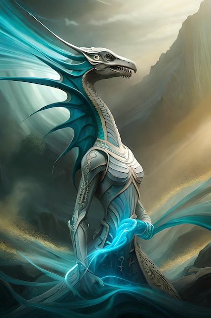 Um dragão com asas azuis e corpo azul está parado em frente a uma montanha.