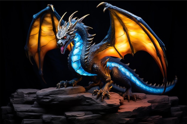 Um dragão com asas azuis e douradas senta-se numa rocha