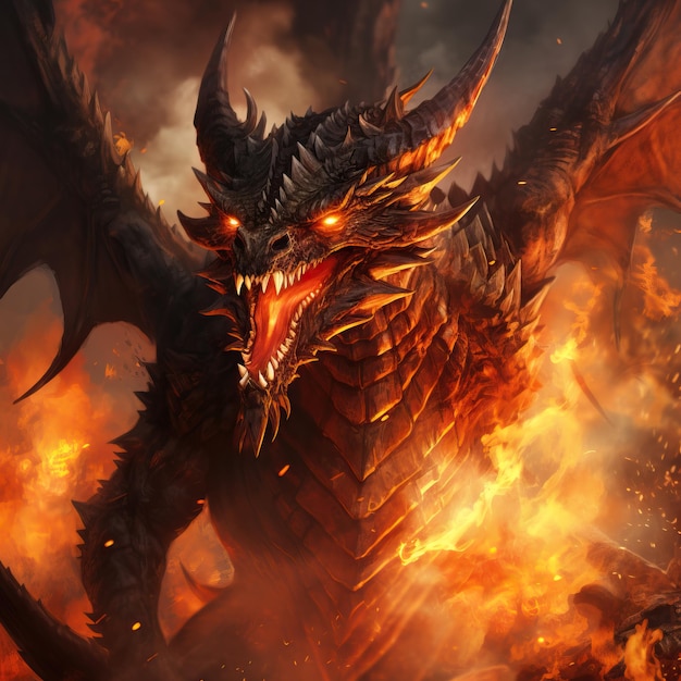 Um dragão com asas e chamas