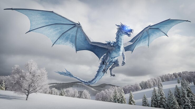 Foto um dragão com cabeça azul e asas na neve