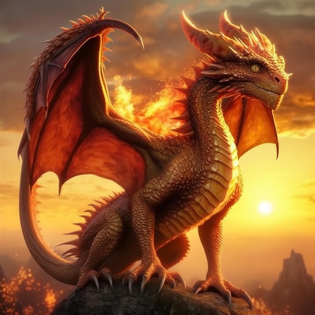 Um dragão com cauda de fogo está sentado em um penhasco.