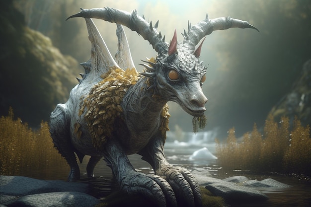Um dragão com chifres e chifres está na margem de um rio.