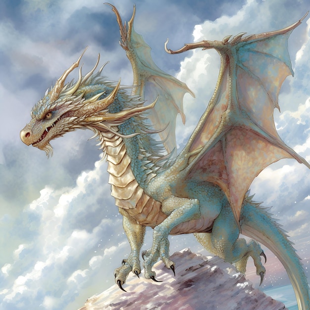 Um dragão com corpo azul e cabeça dourada está em um penhasco.