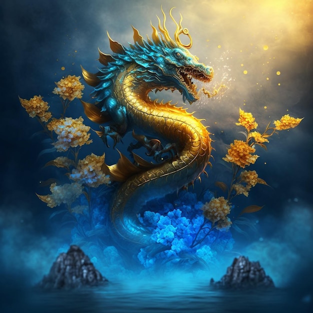 Um dragão com corpo dourado e corpo azul com uma corrente dourada em volta.