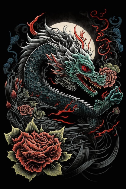 Um dragão com olhos vermelhos e fundo preto.