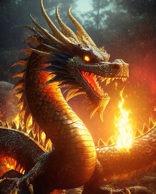 Um dragão com olhos vermelhos está em chamas.