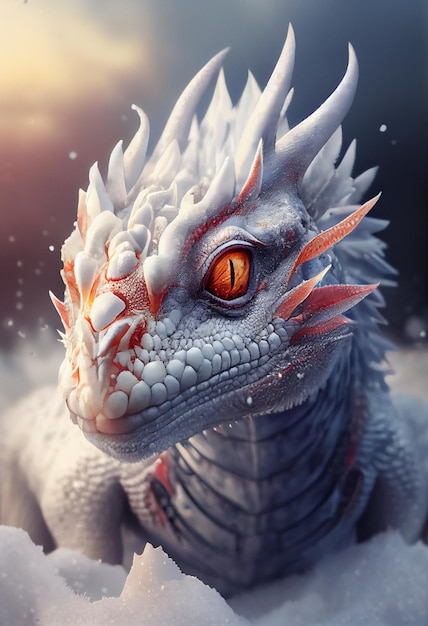 Um dragão com olhos vermelhos está na neve.