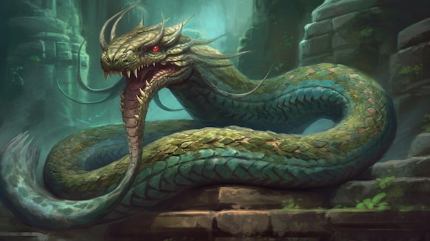 Um dragão com pele verde e olhos vermelhos está em uma parede de pedra.