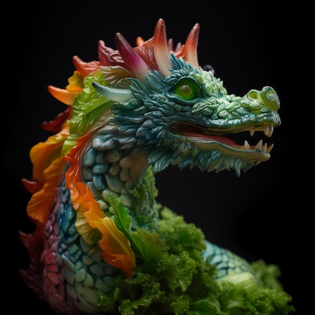 Um dragão com penas coloridas e cabeça verde está na frente de um fundo preto.