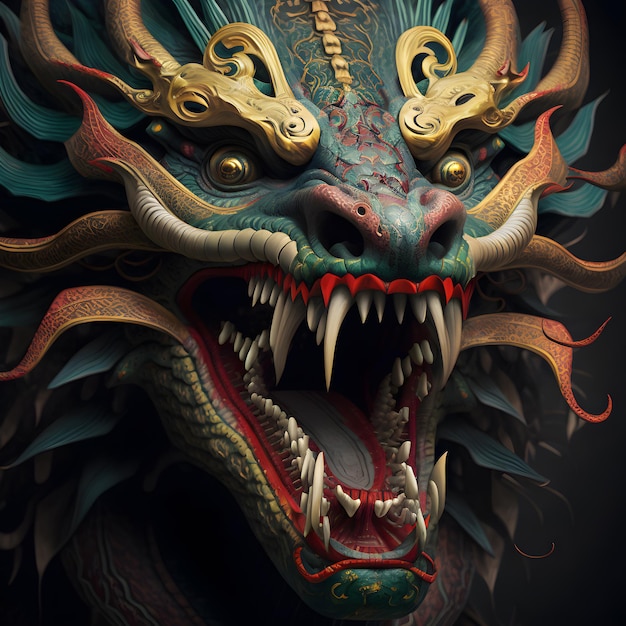 Um dragão com rosto azul e detalhes dourados.