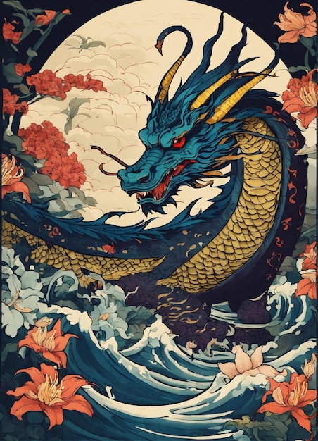 Um dragão com um dragão nele está na água.