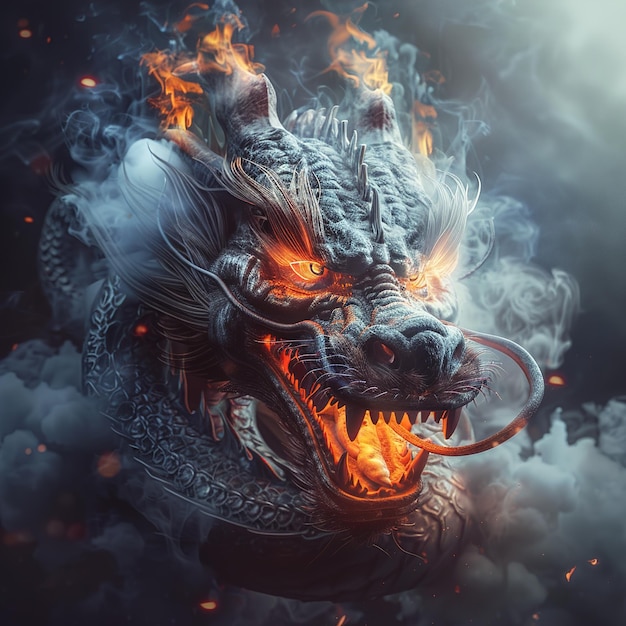 Um dragão com um dragão sobre ele está queimando em chamas