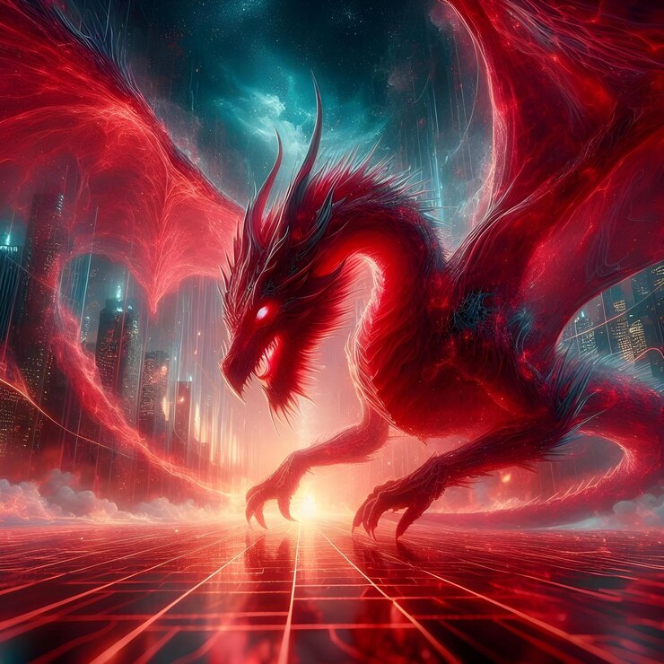 um dragão com um dragão vermelho no fundo e a palavra dragão