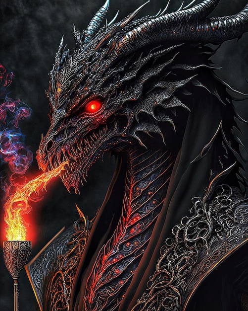 Um dragão com um olho ardente e um olho vermelho.
