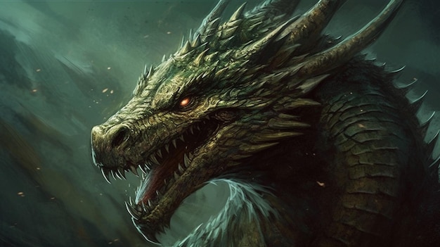 Um dragão com um olho vermelho e um olho verde está na frente de um fundo escuro.