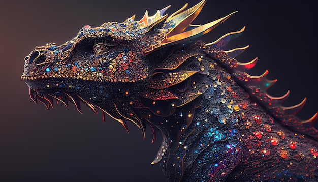 Um dragão com um padrão colorido de estrelas e listras.